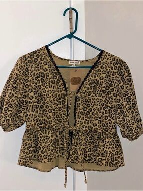 Denim Leopard-Print Tie-Front Top - Tan & Black